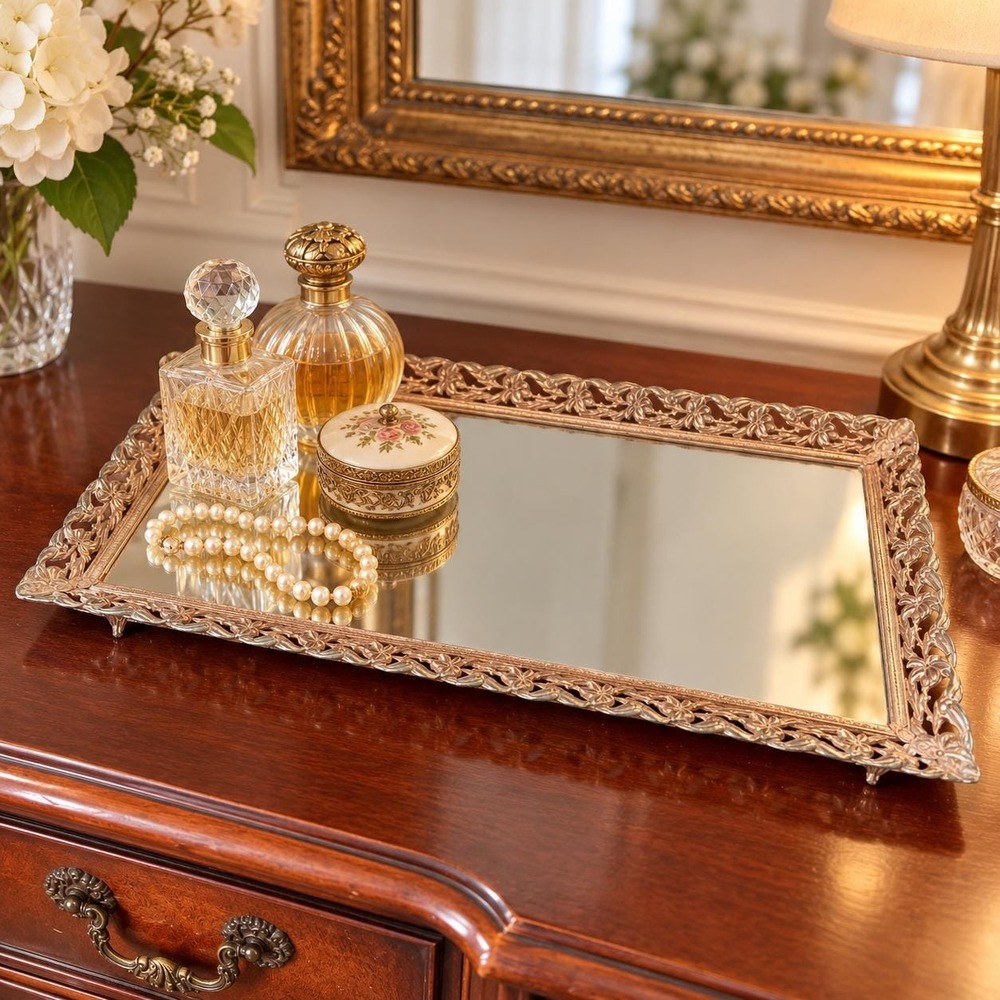 VTG Mirrored Vanity Tray Ornate Gold Tone Floral Frame Perfume Dresser Tray